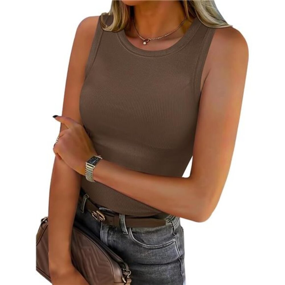 Womens Sleeveless High Neck Tank Top, Brown